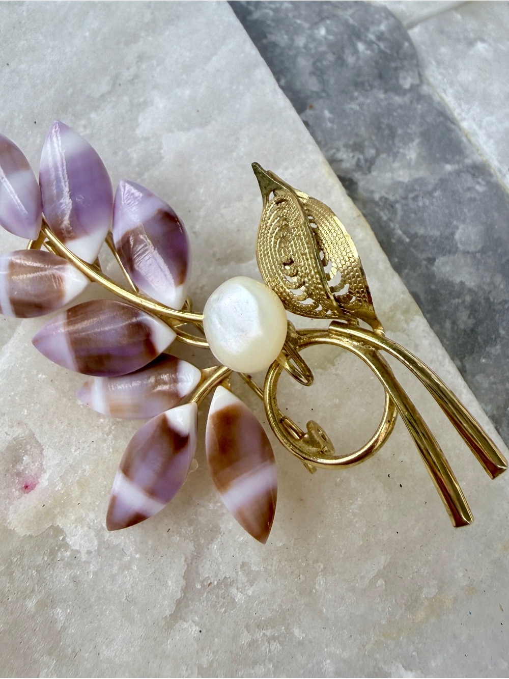 Gold Leaf Brooch with Purple Shell Accents and Faux Pearl Center